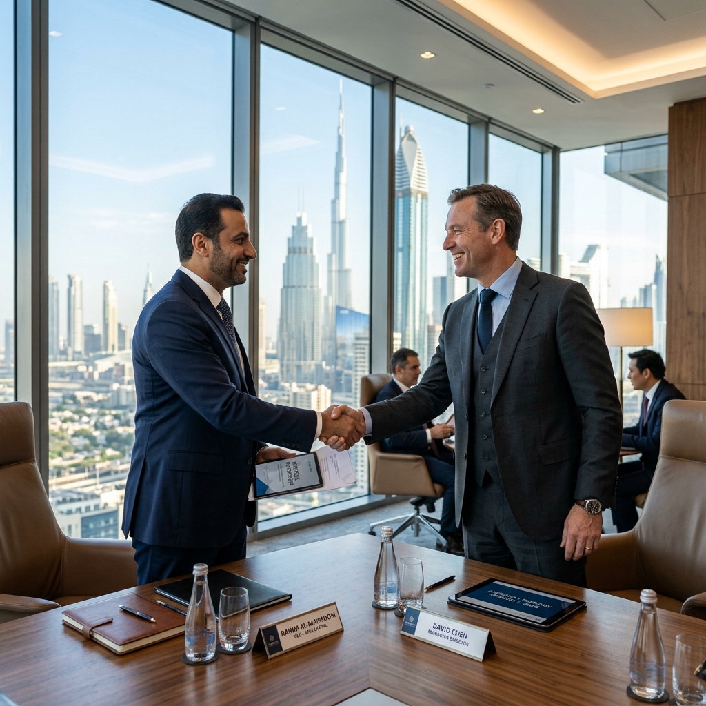 Executives conducting strategic meeting in Dubai boardroom